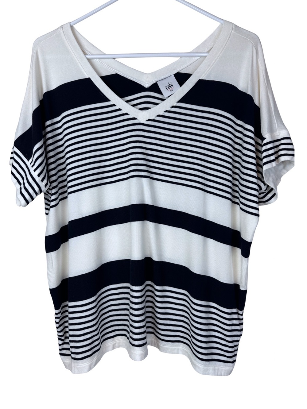 CAbi Navy and White Striped V-Neck Short Sleeve Top | XS Nautical Oversize Tee